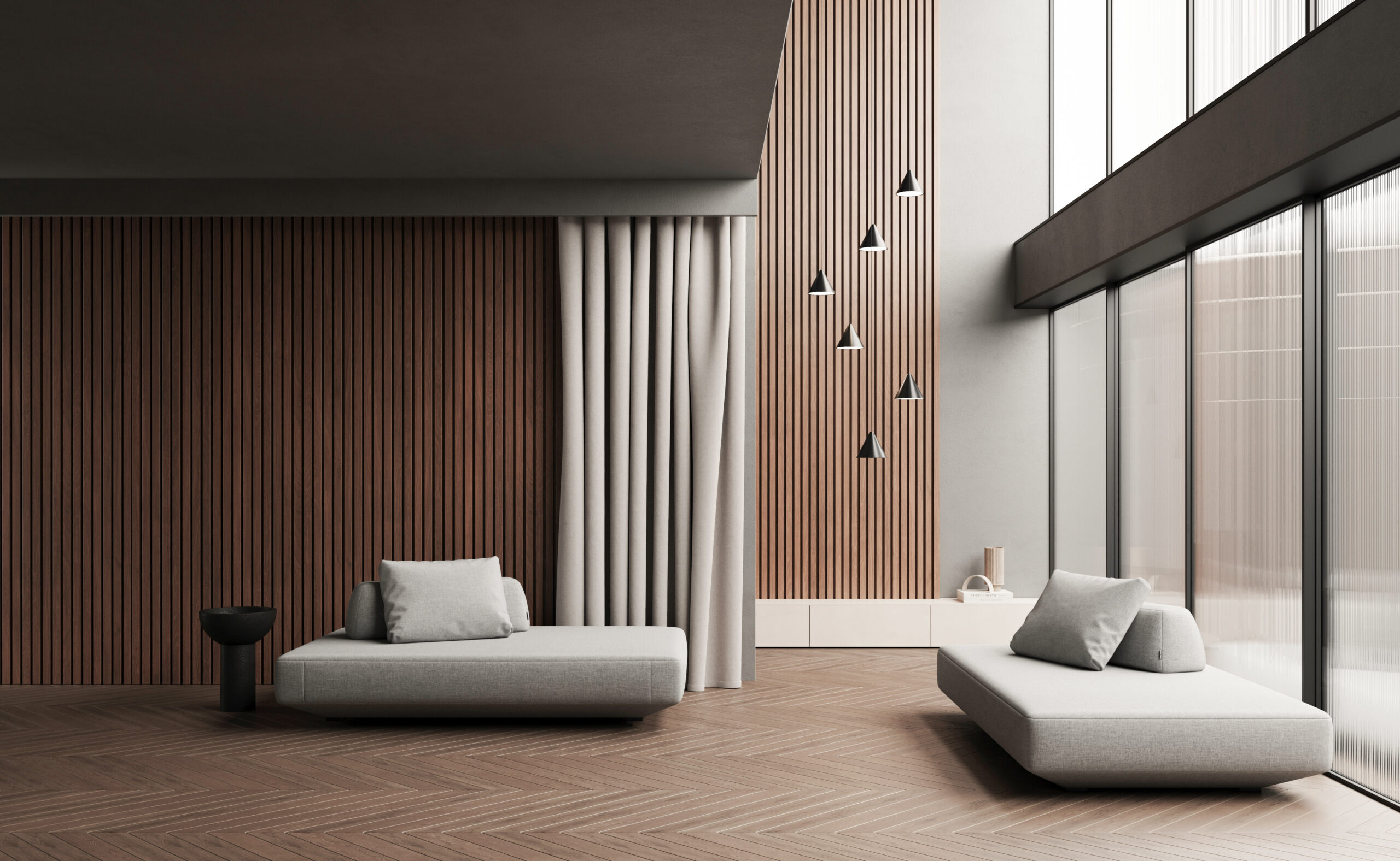 Modern dark and open space living room or hotel, grey sofa, nat